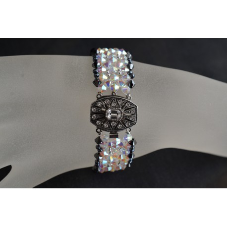 Bracelet cristal de swarovski manchette hématite 2x-crystal ab2x fermoir cabochon Swarovski