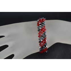 Bracelet cristal, manchette, hématite 2x, siam, rouge et noir