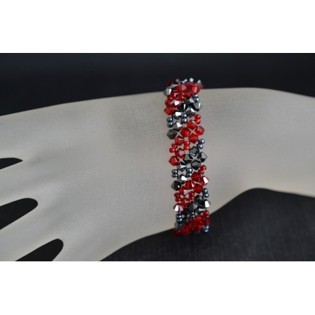Bracelet cristal Swarovski manchette fines diagonales hématite 2x, siam satin - rouge et noir