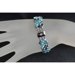 Bracelet cristal Swarovski manchette fines diagonales light chrome 2x et turquoise ab2x- bleu et gris chromé