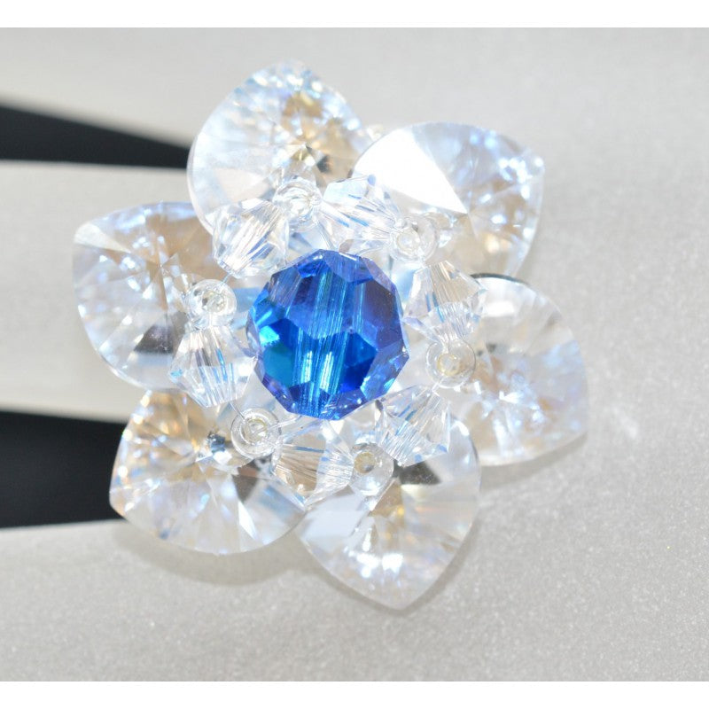 Bague en cristal, crystal moonlight, perle ronde capri blue ab