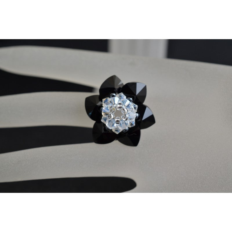 Crystal ring, flower, jet, crystal moonlight