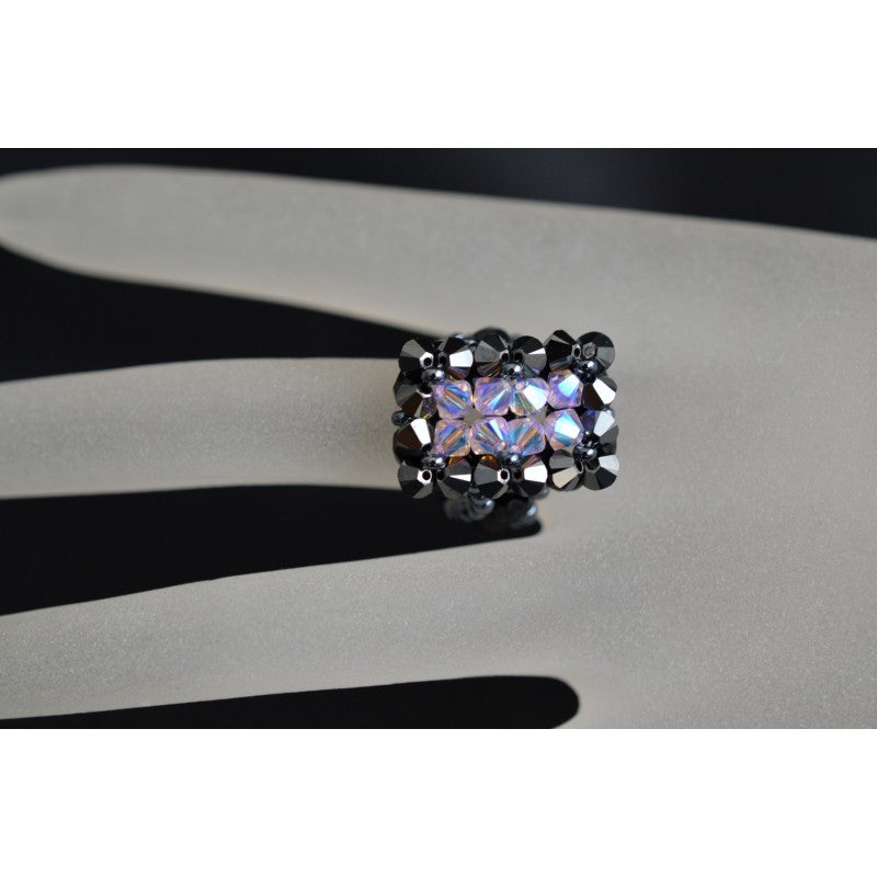 Crystal ring, 2x hematite rectangle, rosaline