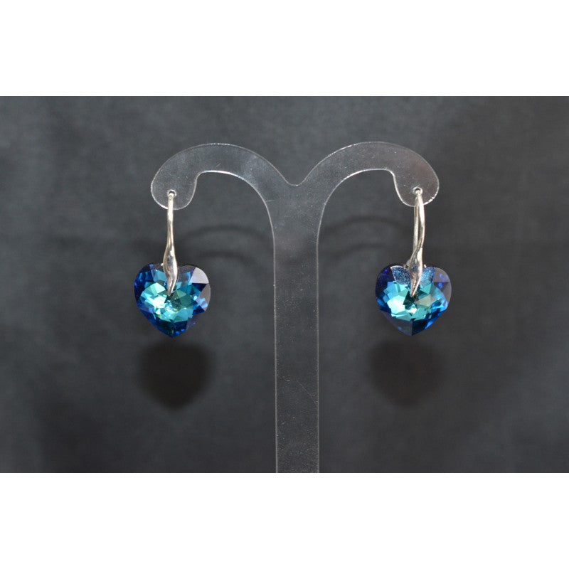 Boucles d'oreilles argent 925, coeur, cristal bermuda blue