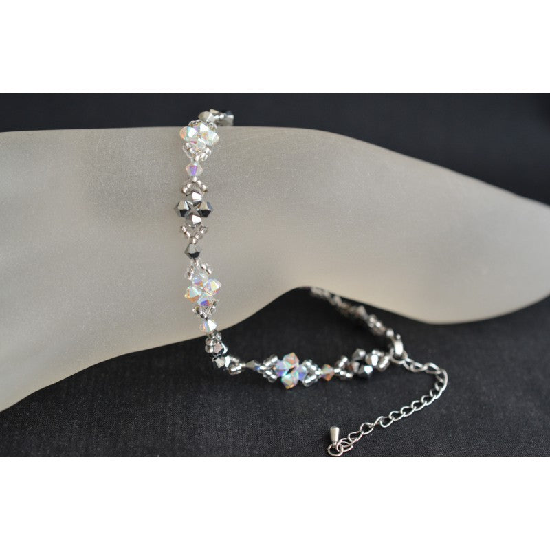 Bracelet de cheville en cristal, cristal ab2x, light chrome 2x, blanc et argent