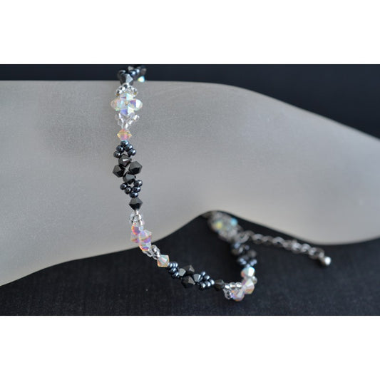 Bracelet de cheville en cristal, crystal ab2x, hématite 2x, blanc et noir