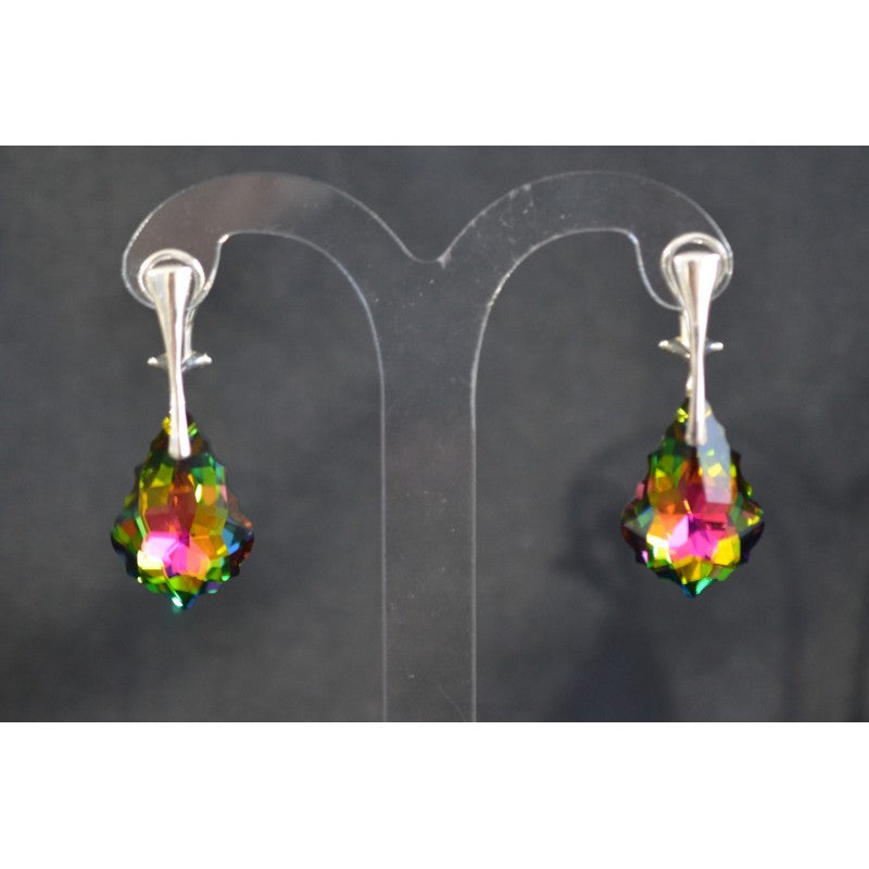 Crystal clips, 925 silver, baroque drop, medium stained glass crystal