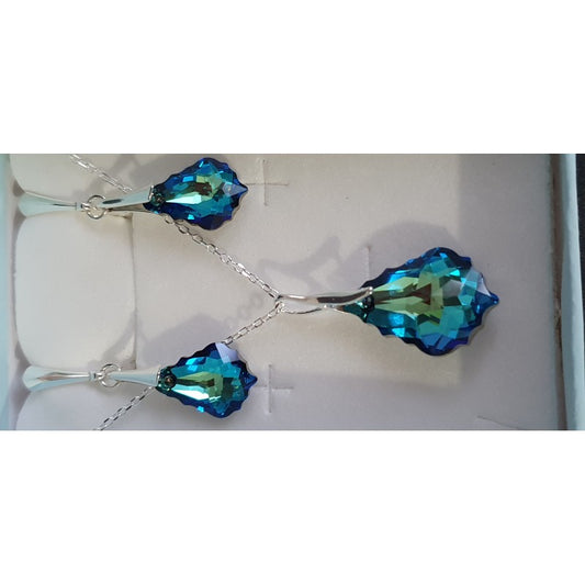 Crystal 925 silver adornment, baroque drops, earrings, pendant, Bermuda blue