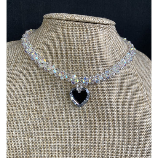 Crystal choker, heart, ab2x crystal, light comet silver