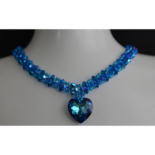 Crystal choker, heart, Bermuda blue crystal, capri blue ab2x