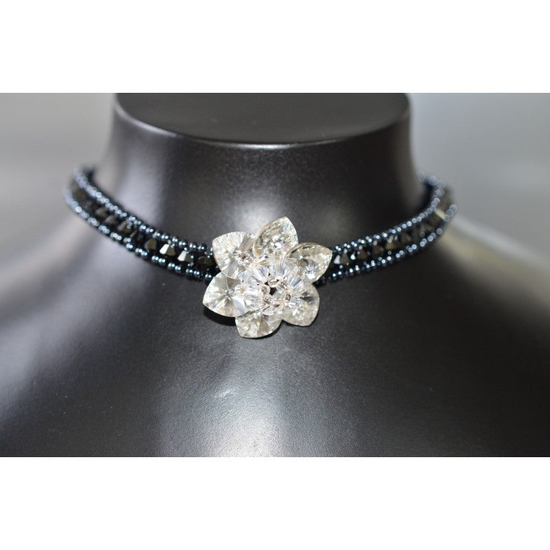Crystal choker, black hematite 2x, with crystal foiled flower