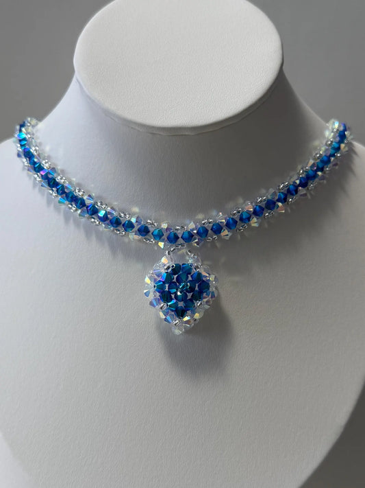 Ras de cou en cristal véritable, ras du cou bleu et blanc, bijou femme, coeur Capri Blue ab2x et Cristal ab2x
