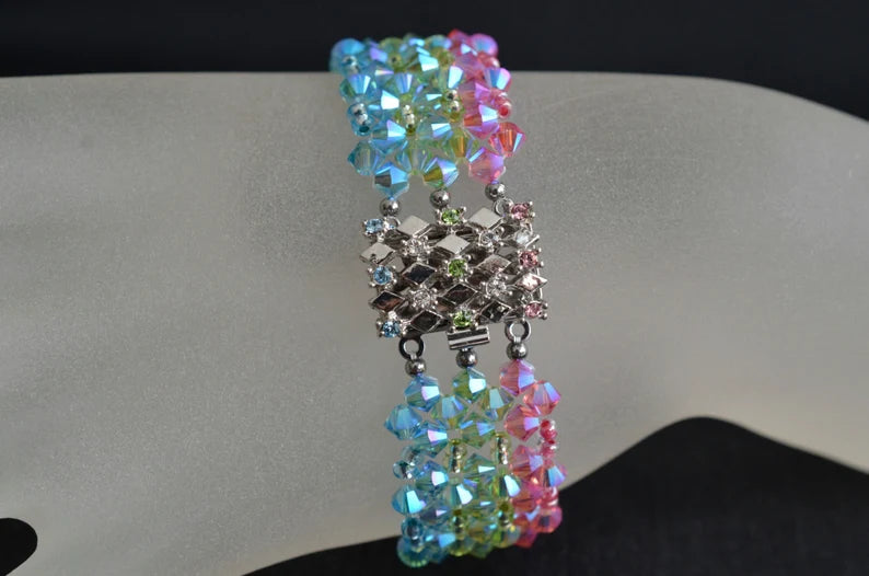 Bracelet cristal, manchette, arc-en-ciel, "Tri-fantastique"