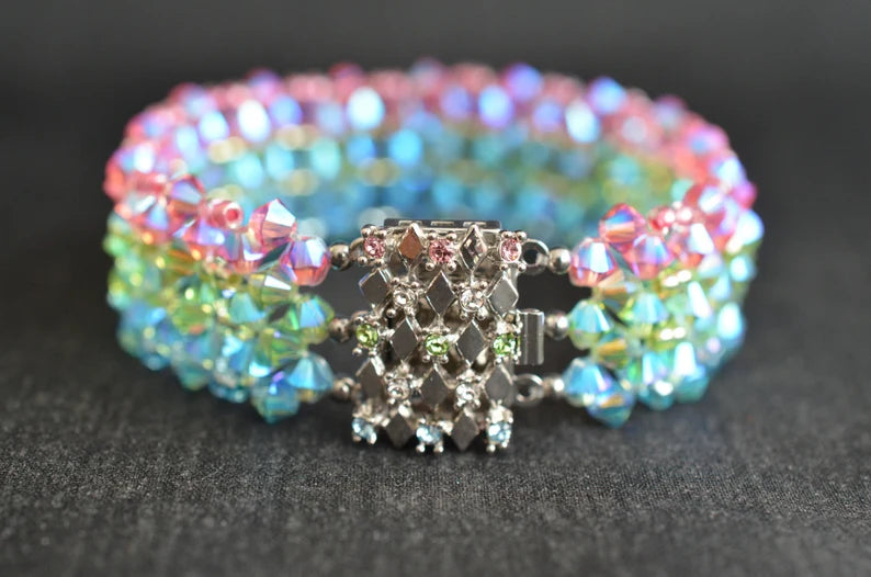 Bracelet cristal, manchette, arc-en-ciel, "Tri-fantastique"