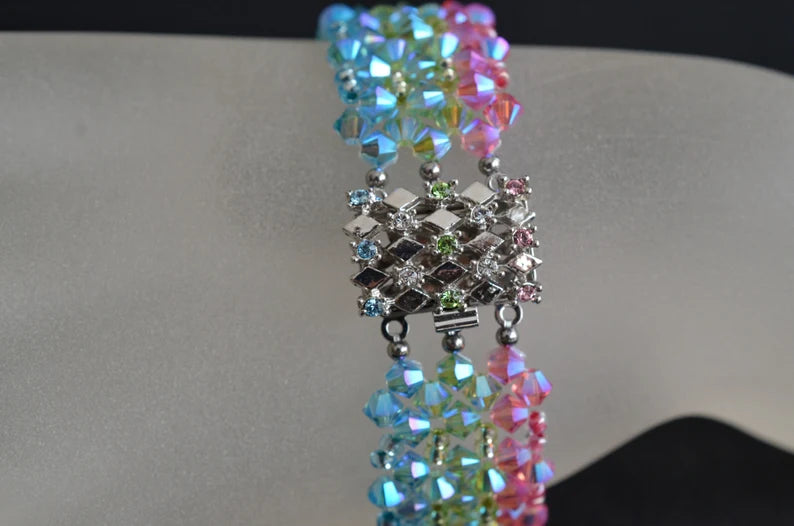 Bracelet cristal, manchette, arc-en-ciel, "Tri-fantastique"