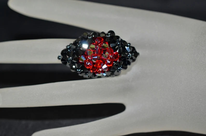 Crystal ring, 2x hematite, light siam ab, marquise style