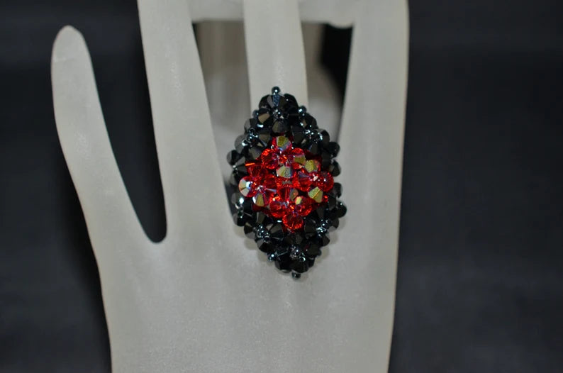 Crystal ring, 2x hematite, light siam ab, marquise style