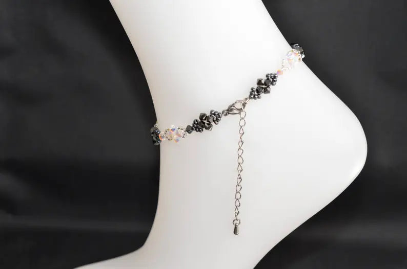 Bracelet de cheville en cristal, crystal ab2x, hématite 2x, blanc et noir