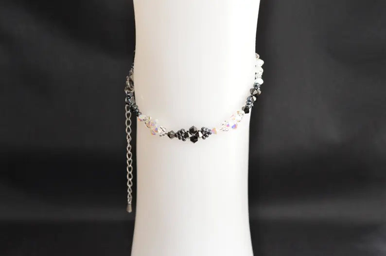 Bracelet de cheville en cristal, crystal ab2x, hématite 2x, blanc et noir