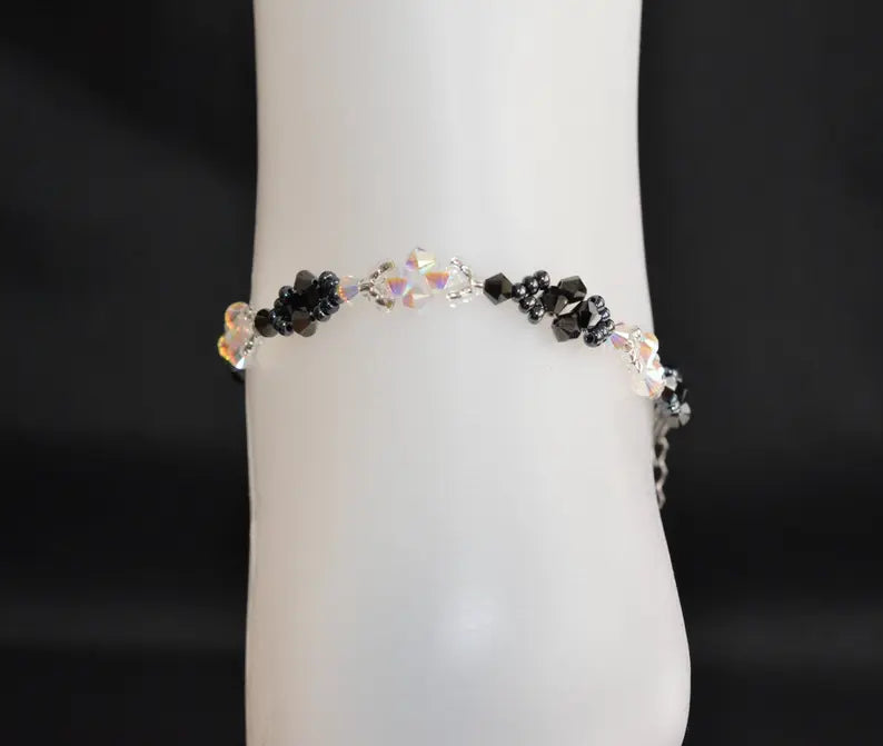 Bracelet de cheville en cristal, crystal ab2x, hématite 2x, blanc et noir