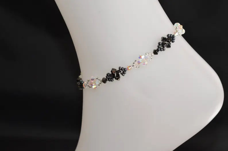 Bracelet de cheville en cristal, crystal ab2x, hématite 2x, blanc et noir