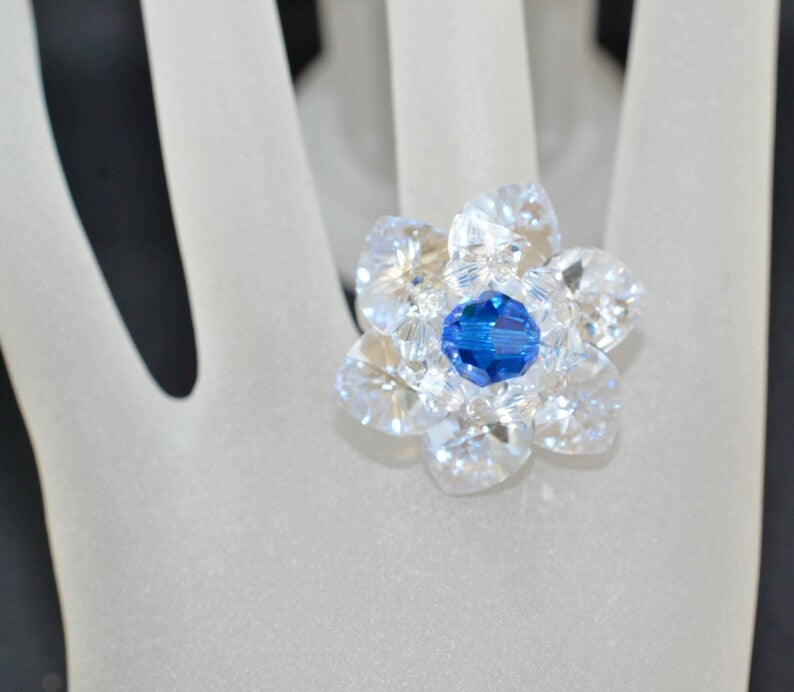 Crystal ring, crystal moonlight, round capri blue ab bead