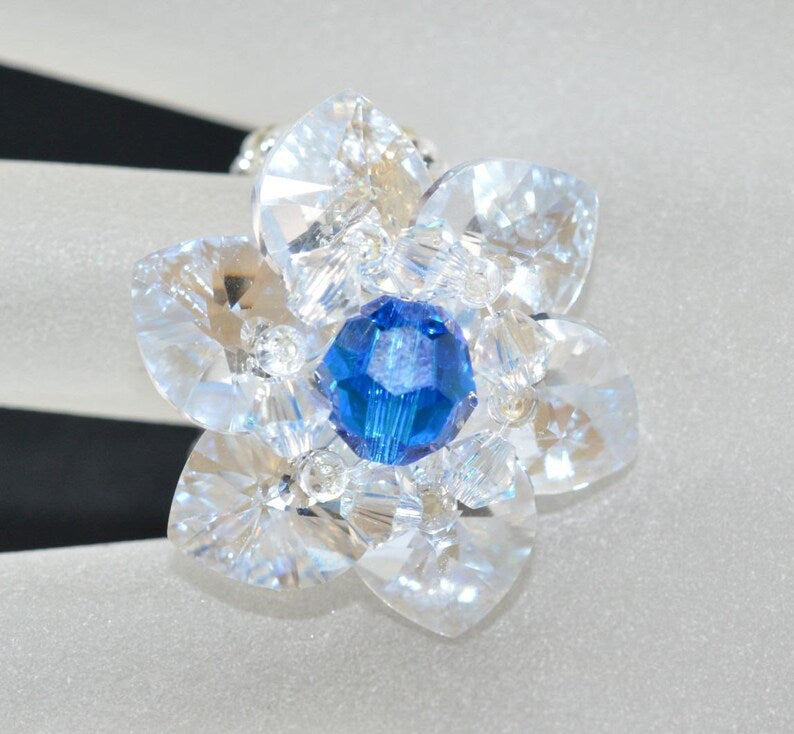 Crystal ring, crystal moonlight, round capri blue ab bead