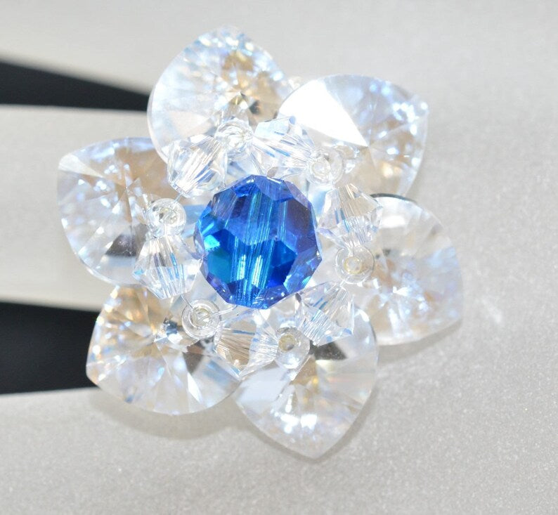 Crystal ring, crystal moonlight, round capri blue ab bead