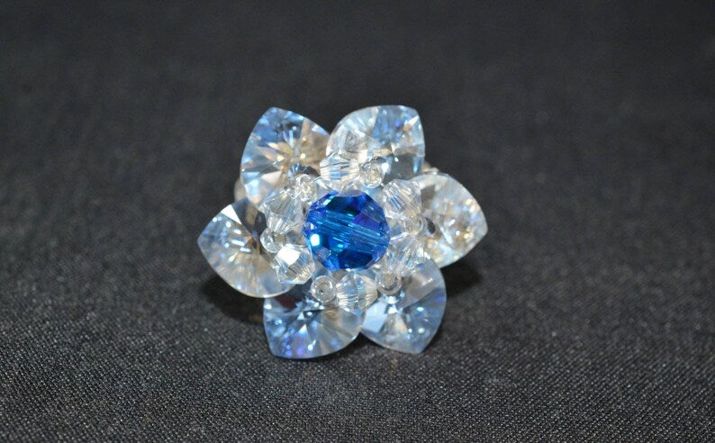 Crystal ring, crystal moonlight, round capri blue ab bead