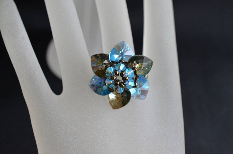 Crystal ring, bronze shade flower, aquamarine ab2x