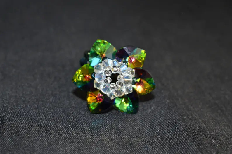 Crystal ring, flower, medium stained glass crystal, moonlight crystal