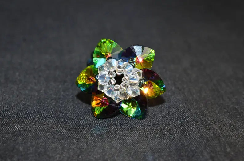 Crystal ring, flower, medium stained glass crystal, moonlight crystal