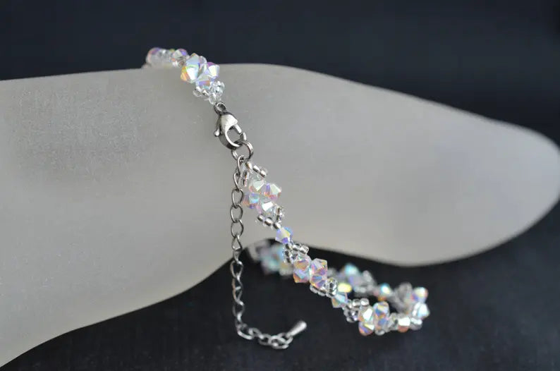 Bracelet de cheville en cristal, cristal ab2x, blanc, scintillant