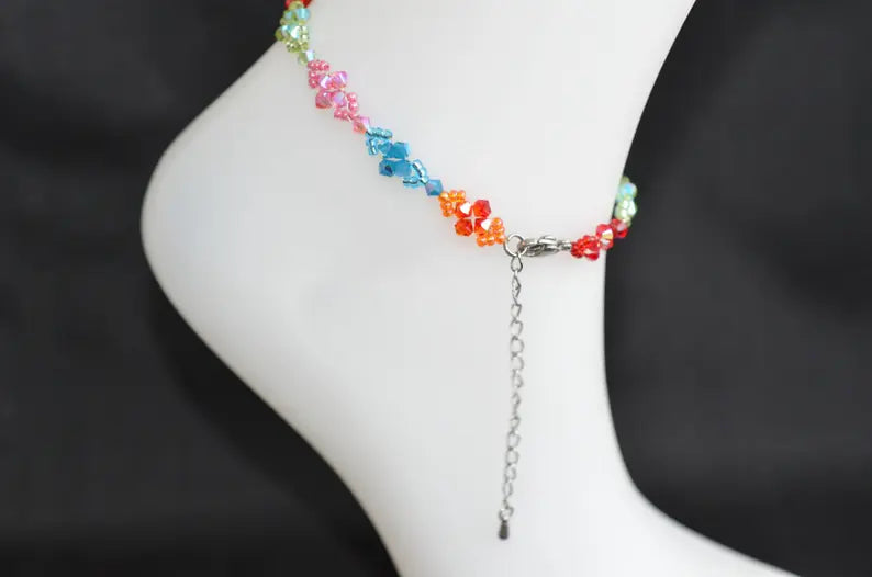 Bracelet de cheville en cristal, multicolore, arc-en-ciel