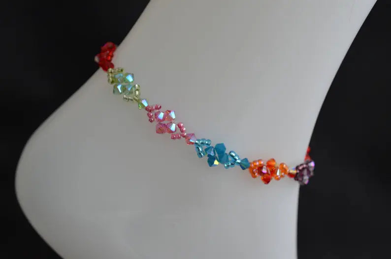 Bracelet de cheville en cristal, multicolore, arc-en-ciel