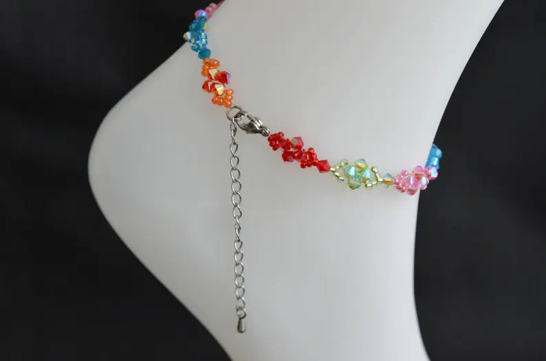 Bracelet de cheville en cristal, multicolore, arc-en-ciel