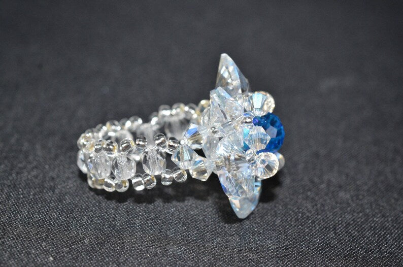 Crystal ring, crystal moonlight, round capri blue ab bead