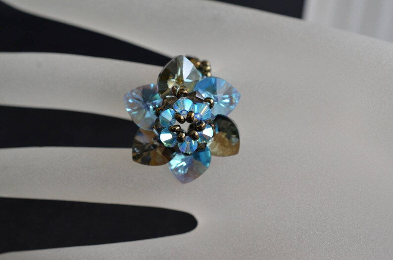 Crystal ring, bronze shade flower, aquamarine ab2x