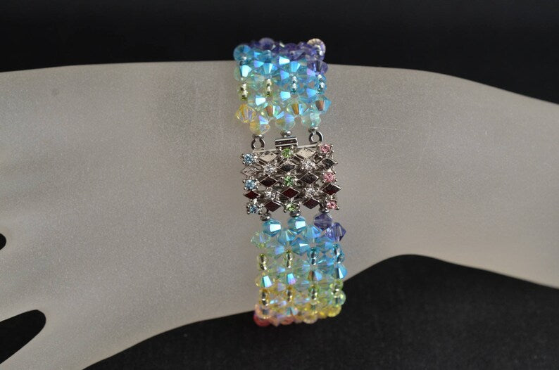 Bracelet cristal, fermoir strass, arc-en-ciel, multicolore