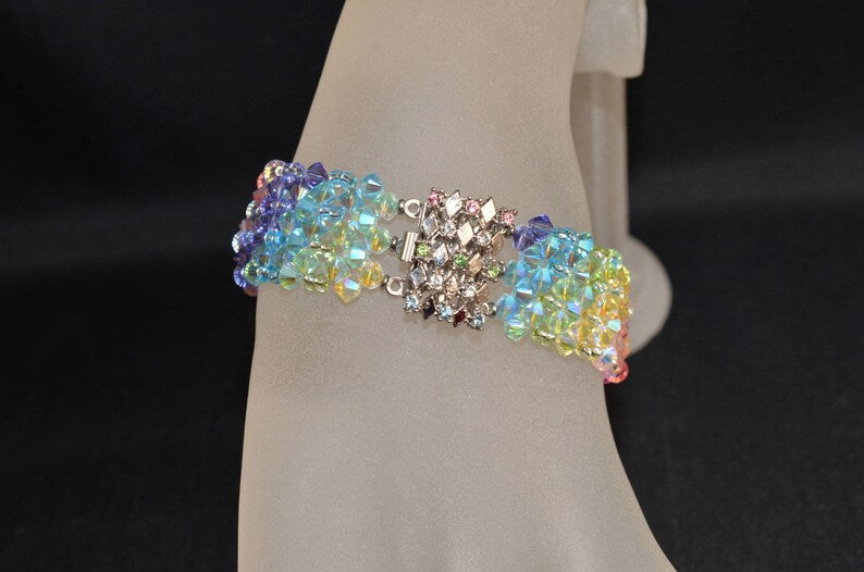 Bracelet cristal, fermoir strass, arc-en-ciel, multicolore