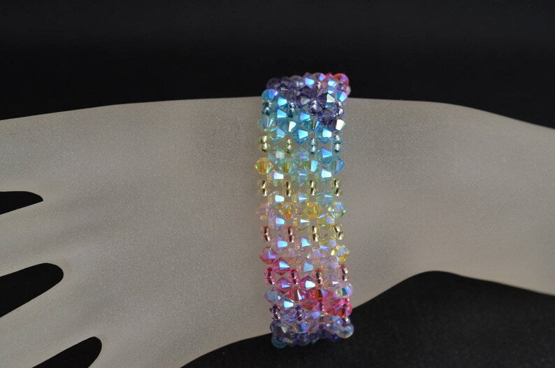 Bracelet cristal, fermoir strass, arc-en-ciel, multicolore