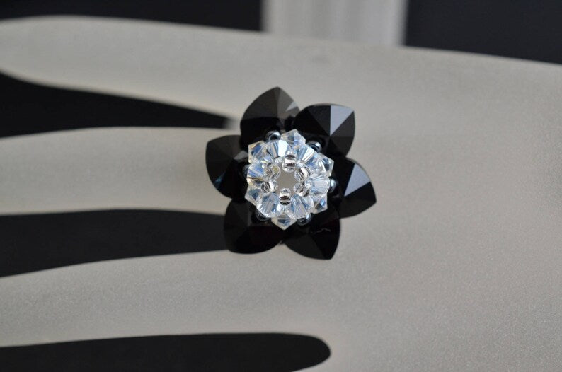 Crystal ring, flower, jet, crystal moonlight