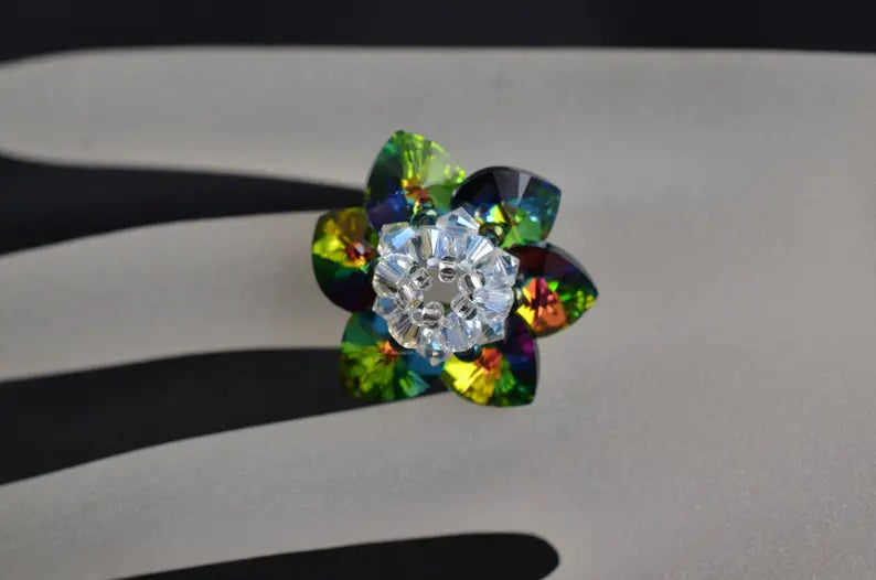 Crystal ring, flower, medium stained glass crystal, moonlight crystal