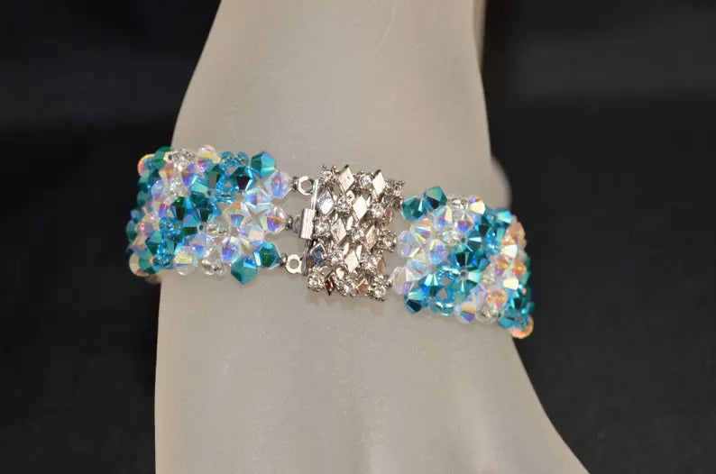 Crystal bracelet, turquoise ab2x, crystal ab2x, rhinestone clasp