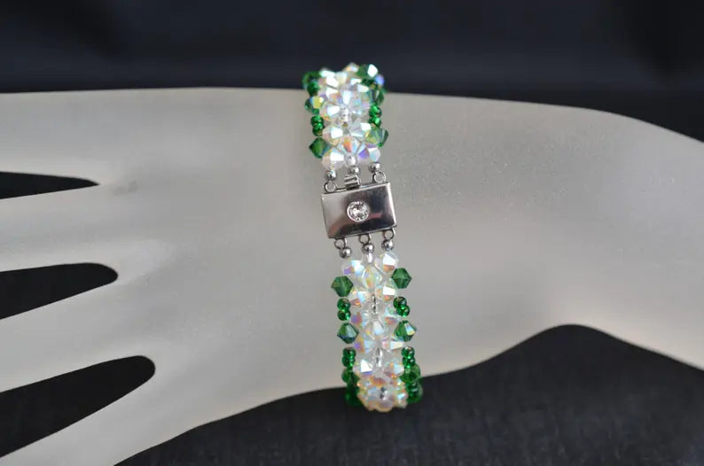 Crystal bracelet, cuff, ab2x crystal, fern green