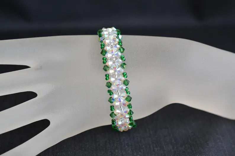 Crystal bracelet, cuff, ab2x crystal, fern green