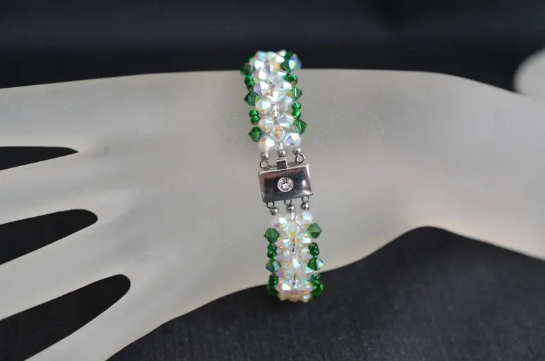 Bracelet cristal, manchette, cristal ab2x, fern green