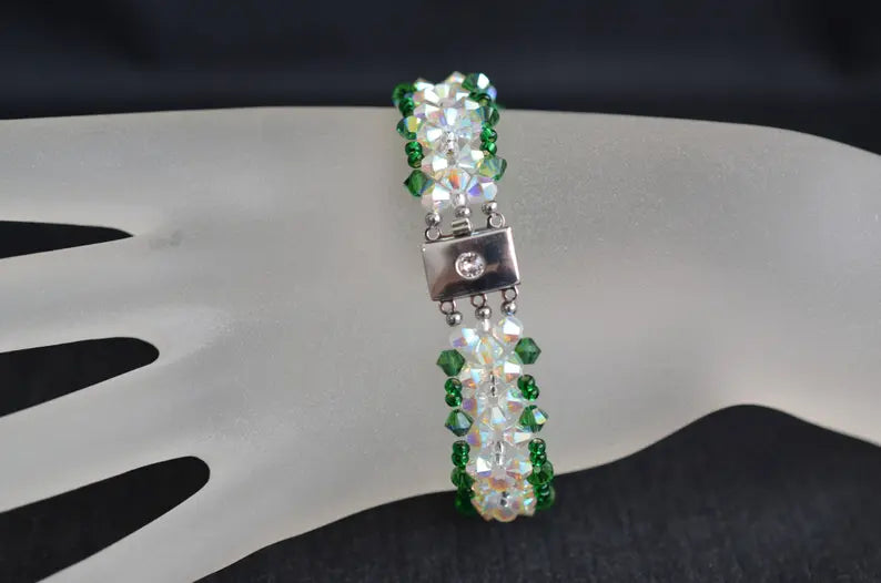 Crystal bracelet, cuff, ab2x crystal, fern green