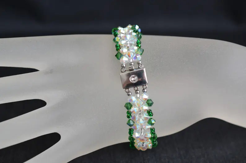 Bracelet cristal, manchette, cristal ab2x, fern green