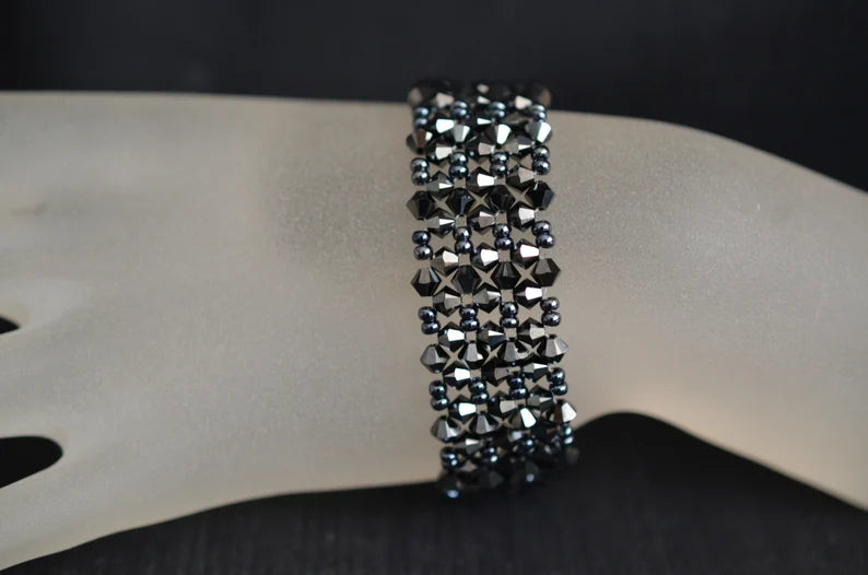 Bracelet cristal, hématite 2x, fermoir strass